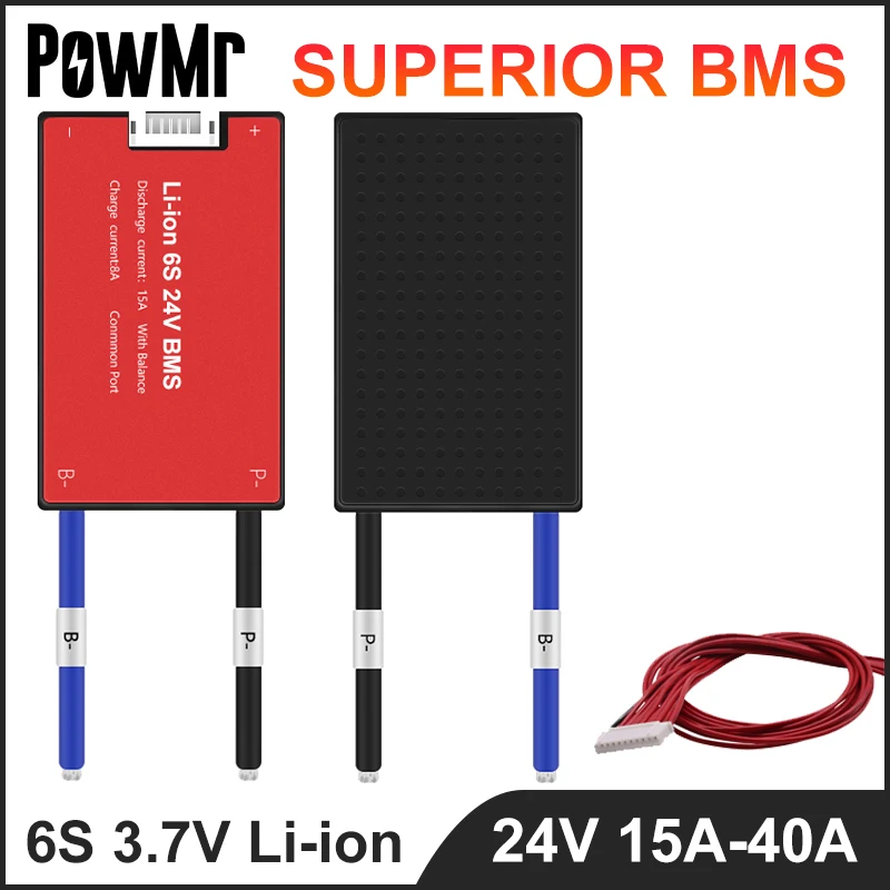 

PowMr 3.7V Li-ion 6S 24V 15A 40A PCM PCB 18650 BMS Lithium Battery Protection Board For Scooter And E-bike Charger With Balance