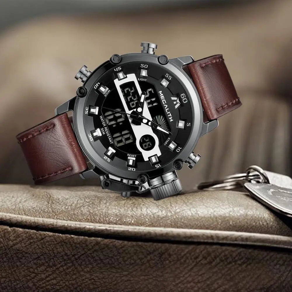 Мегалитическая мужские часы Водонепроницаемый спортивные кварцевые с кожаным