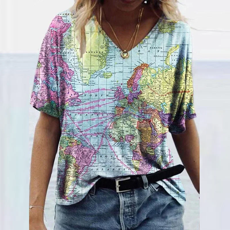 

Women Elegant O-Neck Short Sleeve Top Pullovers 2021 Summer Fashion Vintage Map Floral Print Blouse Casual Loose Streetwears 5XL