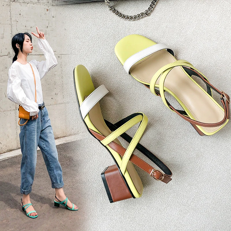 New women sandals genuine leather thick high heels sandals woman mixed colors cross buckle ladies dress party shoes