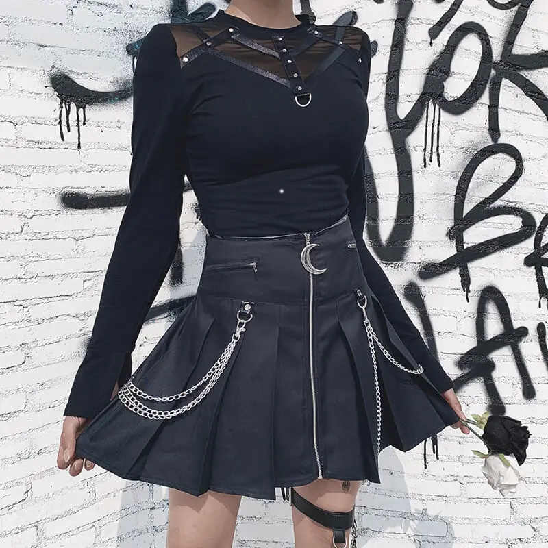 Сетчатые Лоскутные облегающие черные топы с длинным рукавом женские готические