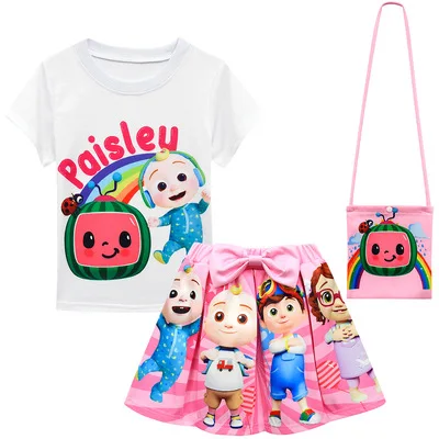 

2-10Y Children's Clothing Baby Girls Fashion Clothes Kids Cartoon Tshirt + Cute Skirts and Hat Small Bag Pleated Skirt Sun Hats