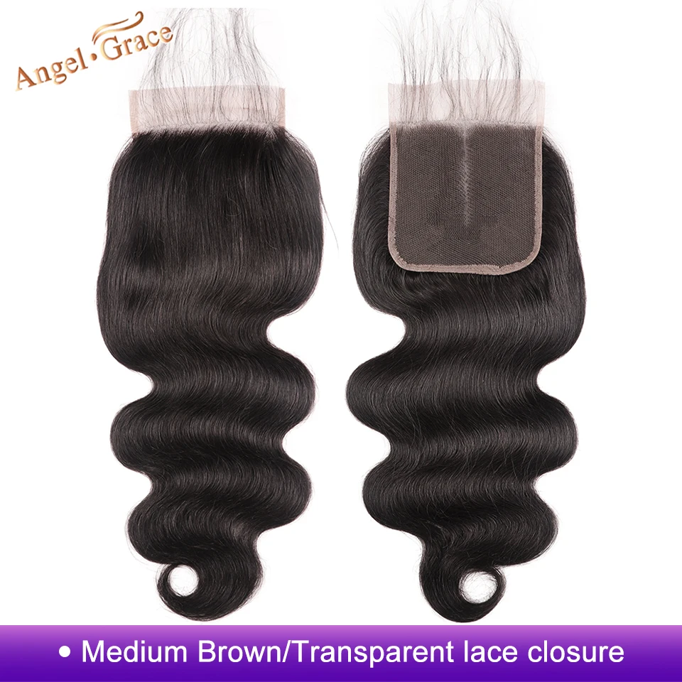 

Angel Grace Hair Brazilian Body Wave Hair Closure Medium Brown/ Transparent Lace Closure Remy Human Hair 4*4 Middle/Free Part