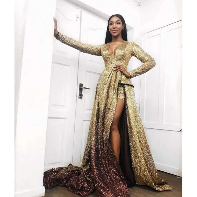 Вечернее платье элегантное с золотыми блестками длинным рукавом длина до пола
