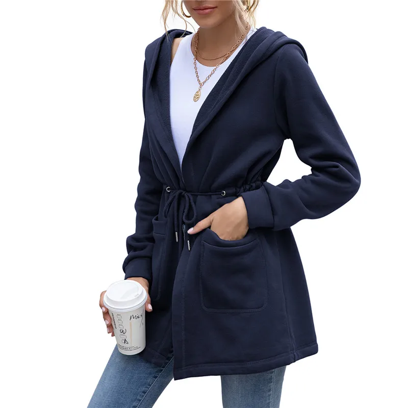 

Women's Hoodie Retro Solid Color Long Sleeve Hooded Sweatshirt Ladies Solid Color Mid-length Trench Coat Casual Coat