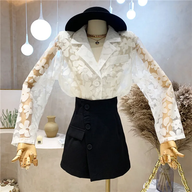 

Niche Design New Women's Clothing Summer 2021 Long Sleeve Flower Blazer Thin Coat + Pantskirt Two Piece Set