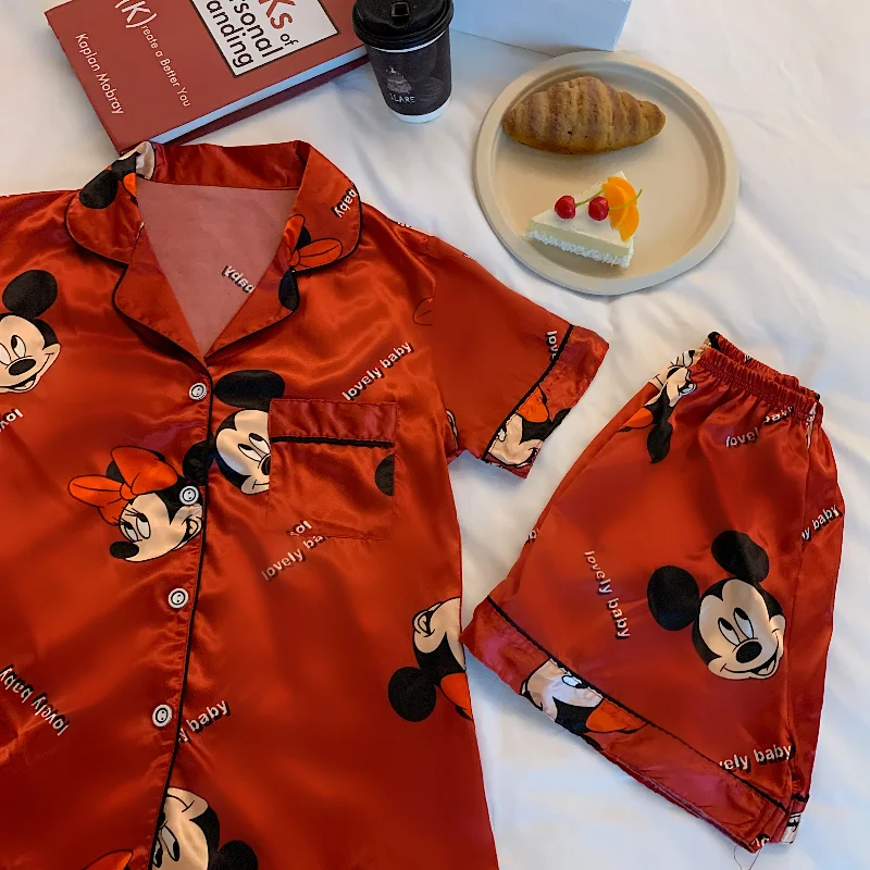 Disney Mickey Mouse Faux Silk Pajamas Set Women Summer Shirt and Shorts Satin Red Short Sleeve Casual Female Pijama Home Wear