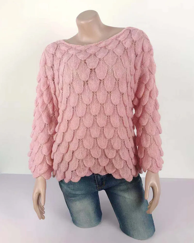 LOGAMI Flare Sleeve Feather Knit Sweater Women Loose Casual Thin Pullover And Spring Autumn Perspective Women's Top | Женская одежда