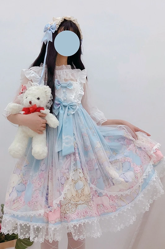 

sweet Lolita dress Short-Sleeved Cute Bear Waist Hugging Slim JSK Dungaree Dress Summer for Children lolita princess dress