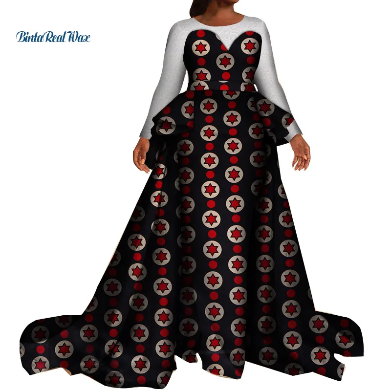 African Dresses for Women Bazin Riche Print Evening Long dashiki Clothing Lace Sleeve Swallowtail WY4020 | Тематическая одежда и