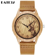 Imitation Bamboo Watch Unisex Genuine Leather Wooden Deer Wood Quartz Wristwatch Minimalist Men Women Male Female Couple Clock