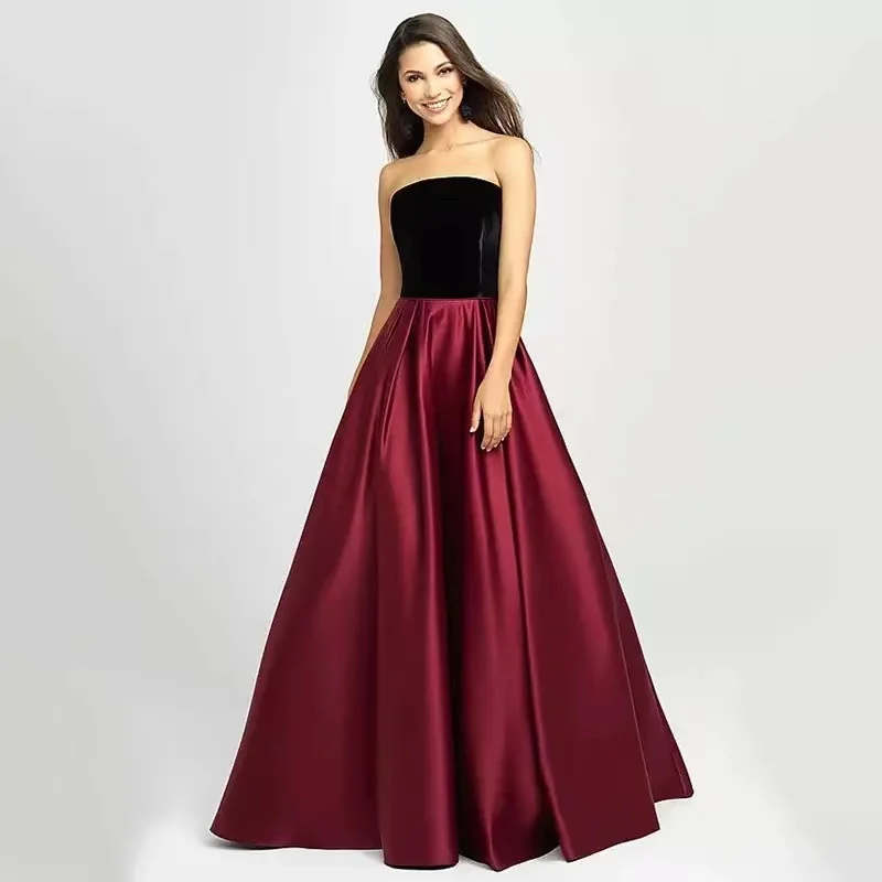 Темно-красные атласные вечерние платья а-силуэта велюровые элегантные