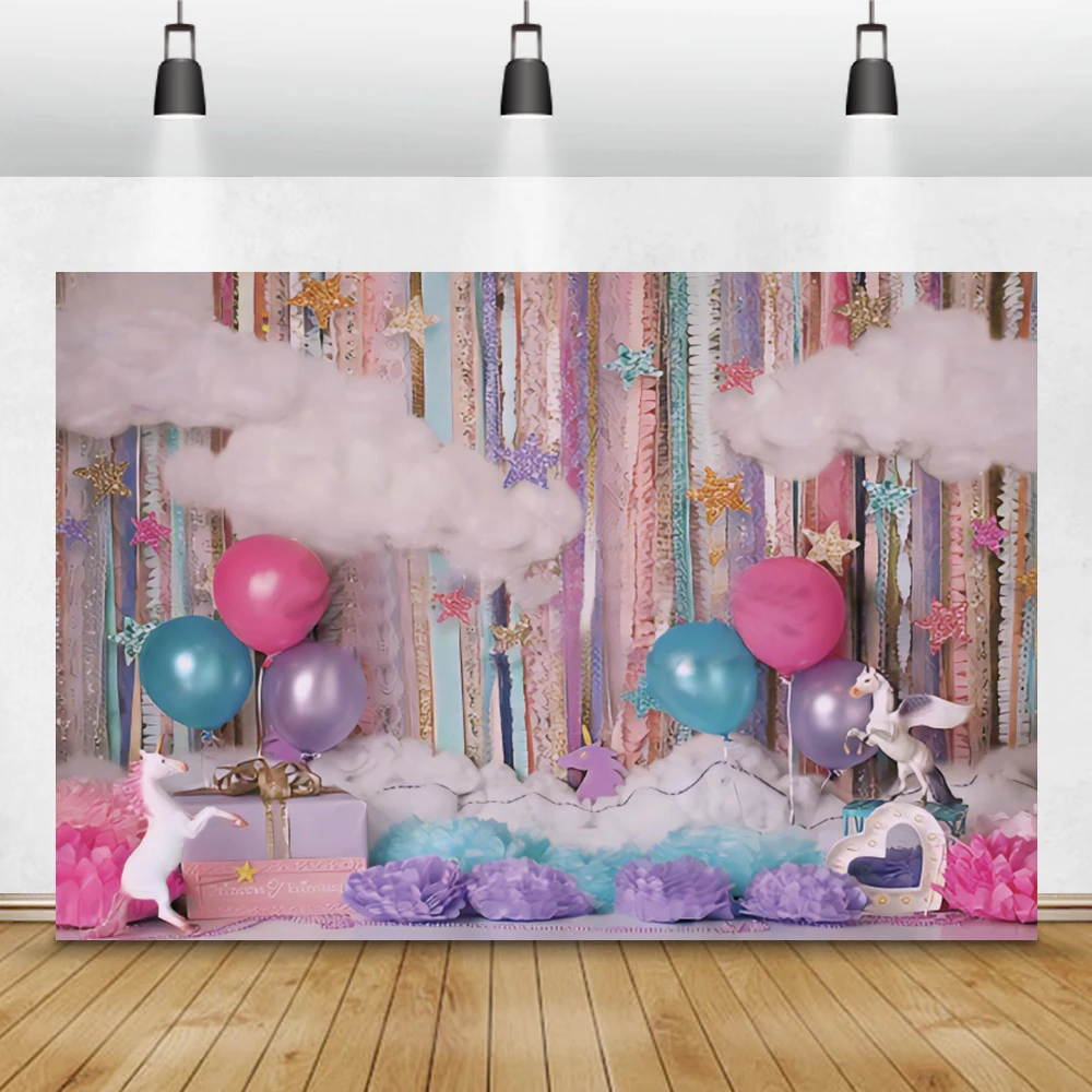 Laeacco День Рождения Вечеринка фотосессия синие воздушные шары облака Цветы