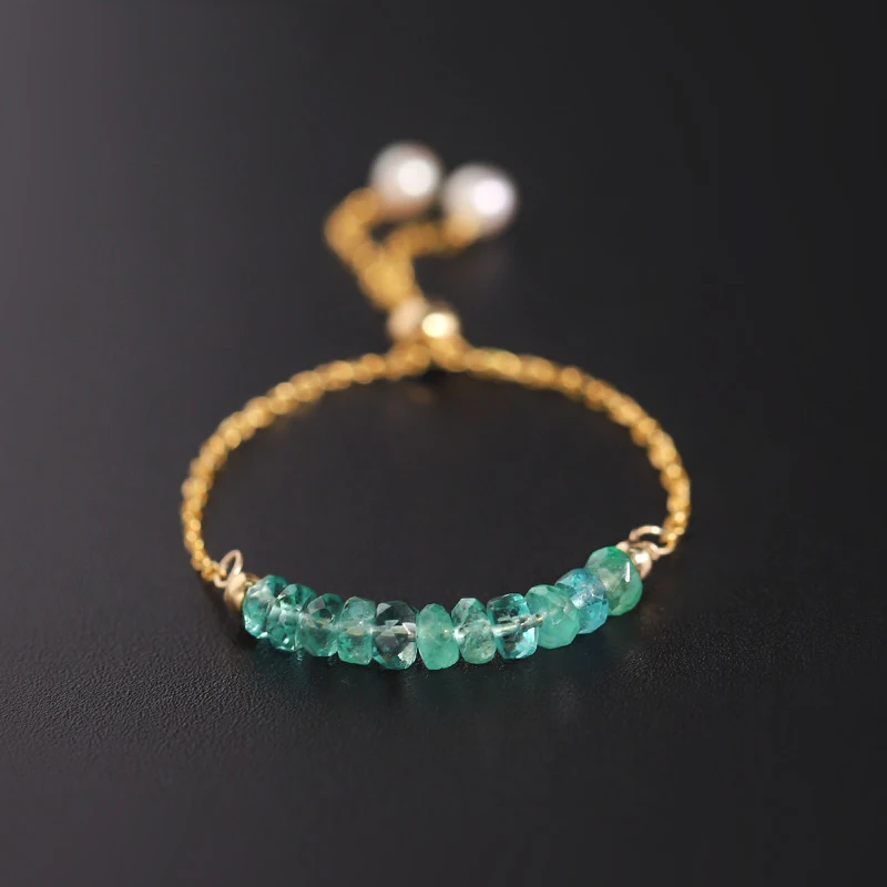 

DAIMI Emerald Ring Female Natural Gemstones Yellow 18k Gold Freshwater Pearl Chain Ring Custom Gift