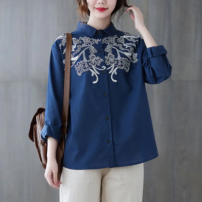 

Женские хлопковые льняные повседневные рубашки, новые весенние свободные женские топы в простом стиле с винтажной вышивкой и длинным рукав...