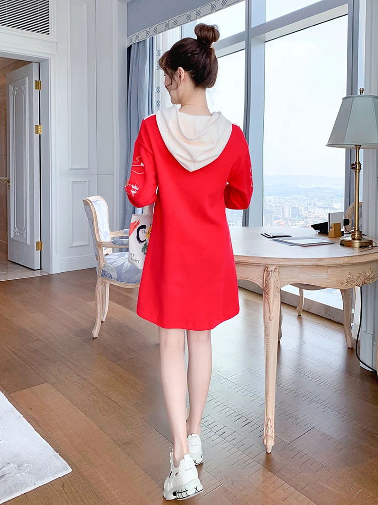 

red bodyguard dress women's autumn winter 2020 new design sense minority hooded Chinese style bodyguard dress