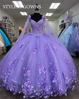 purple sweetheart ball gown dress princess beaded 3d flowers quinceanera dresses with cape sweet 16 vestidos de 15 a%c3%b1os
