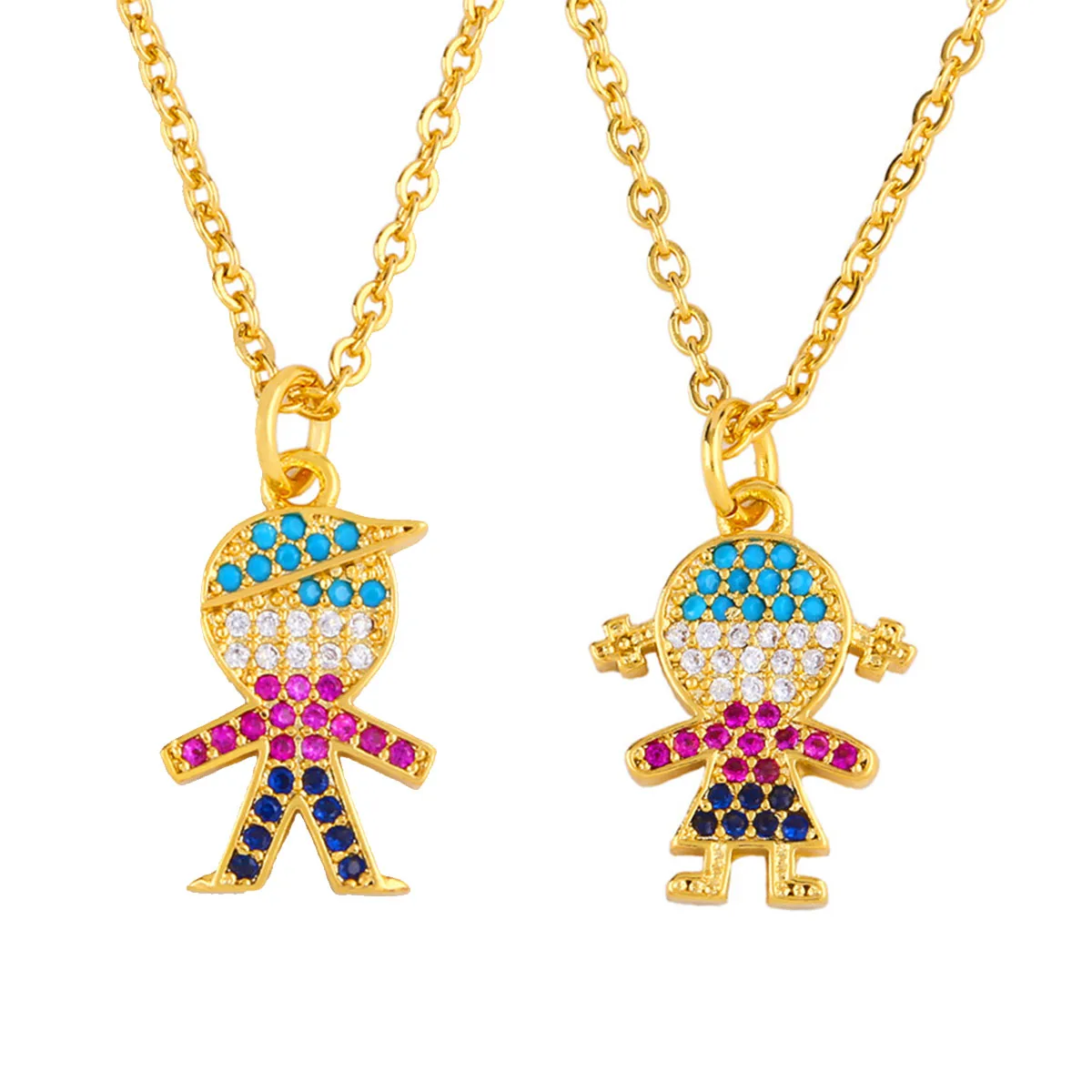 

Colorful Zircon Gold Plated Cartoon Boys Girls Pendant Necklaces For Women Kids Crystal Pave CZ Couple Charm Choker Jewelry Gift