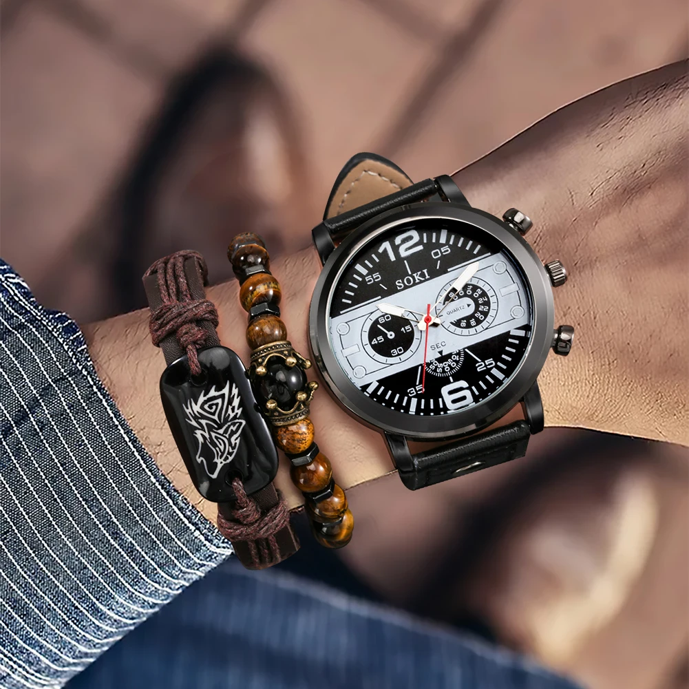 Men Watch Luxury Set Wolf Bracelet Black Quartz Watches Crown Bead Bracelets Male Wristwatch Gift Boyfriend Husband Reloj Hombre