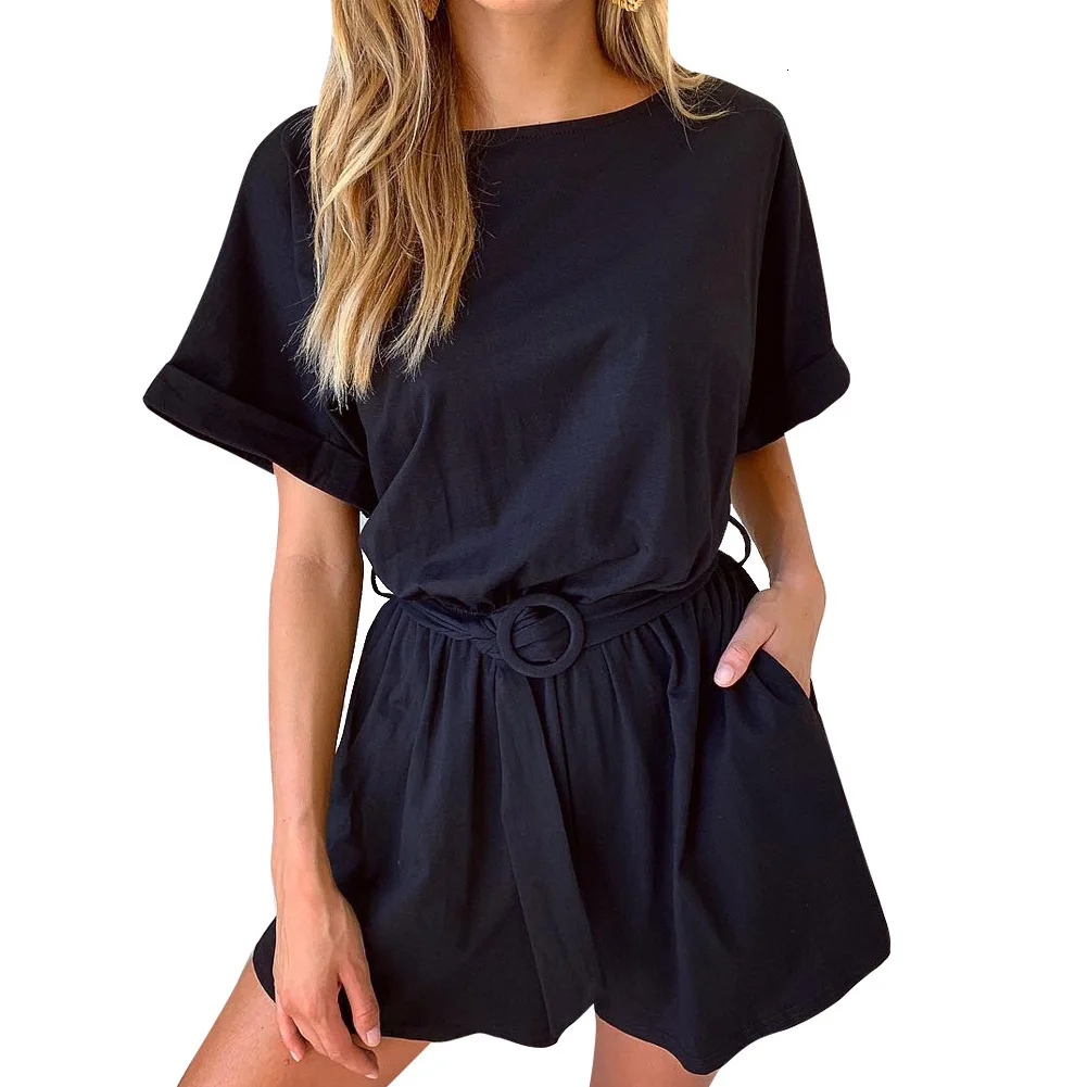 Сексуальный однотонный Летний Пляжный комбинезон с коротким рукавом