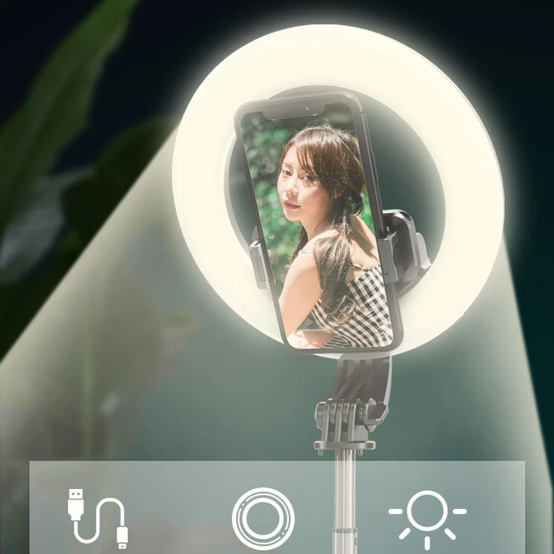 

LED Ring Light Selfie Stick Wireless Bluetooth Selfie Stick LED Ring Light Foldable & Monopods Universal With Remote Control