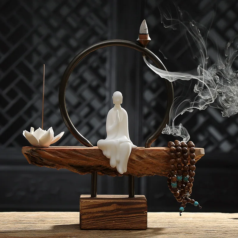

Creative Brief White Ceramic Monk Lotus Stick and Back Flow Incense Burner Wooden Base Home Art Decorative Ornaments Friend Gift