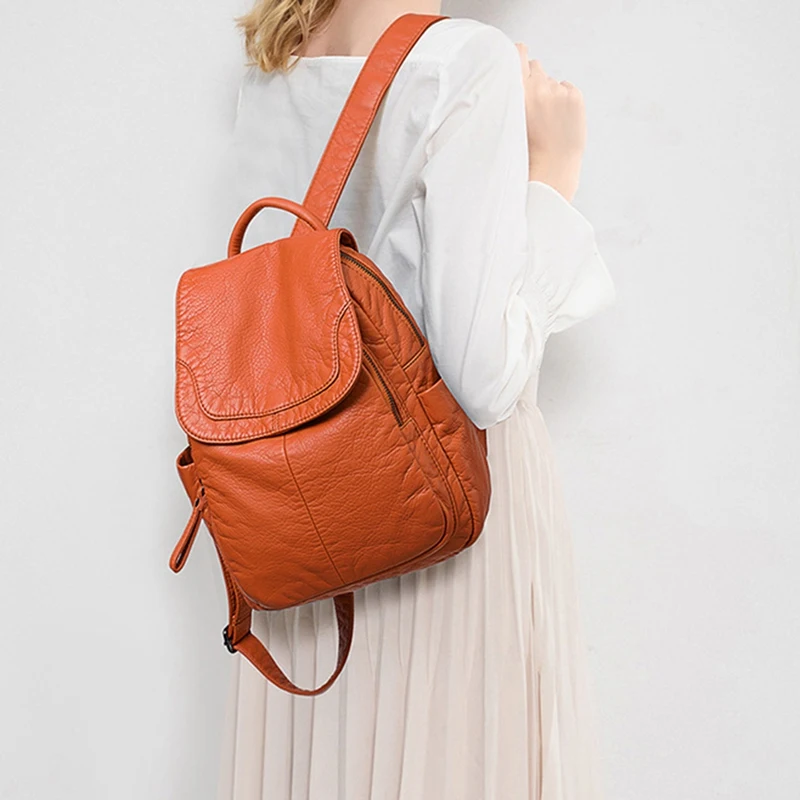 

Women's Soft Leather Casual School Bag Washed Leather Backpack Girl Travel Small School Bag