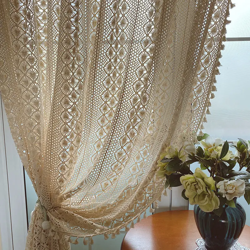 

American Country Cotton and Linen Garden Crochet Hollow Polyester-cotton Blended Curtain Curtains for Living Dining Room Bedroom