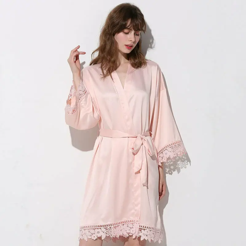 blush Шелковистый женский кружевной банный халат матовый Атласный халат для невесты и подружки невесты с кружевным халатиком Свадебные халаты подарки для свадебной вечеринки халат платье темно-синего цвета - Цвет: blush