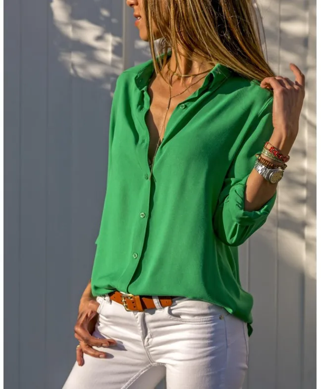 

2021 Fashion Long Sleeve Office Shirt Casual Slim Plus Size Top Ladies Shirt Basic Sales Button Solid