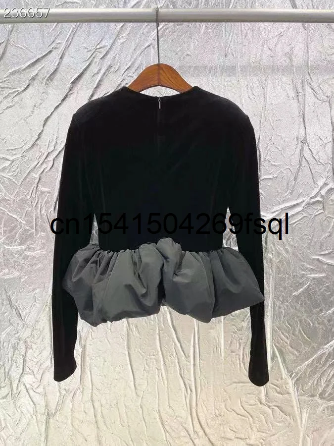 

New Fashion Runway Autumn Velvet Blouses Women's O-Neck Long Sleeve Patchwork Vintage Slim Ruffles Black Ladies Hot Sale Shirt