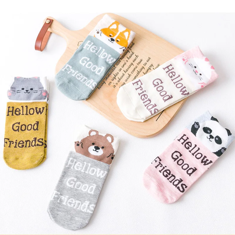 Многоцветный Японские носки Kawaii, 5 пара/лот, женские носки Harajuku с милыми буквами, медведь, кошка, носки с животными, зимние короткие, высокое качество, 20 - Цвет: Многоцветный