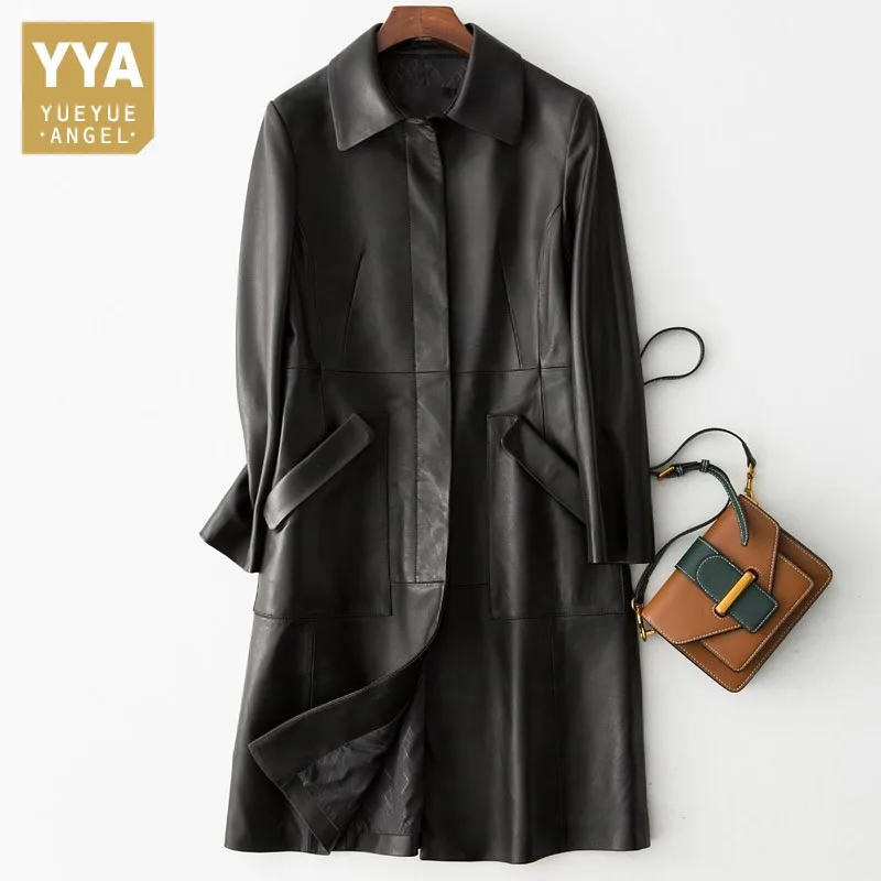 

100% Real Leather Long Jacket Women Designer Slim Fit Sheepskin Windbreakers Spring New Runway Office Lady Overcoat Plus Size