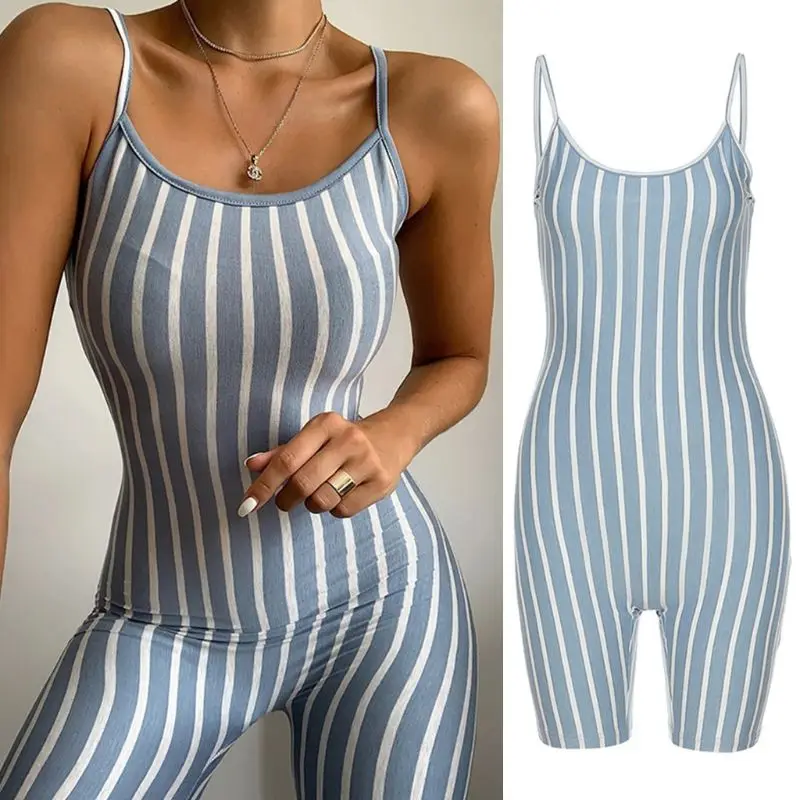 

Jumpsuit Women Spaghetti Strap Bodycon Jumpsuit Vertical Stripes Sling Shorts Playsuit New