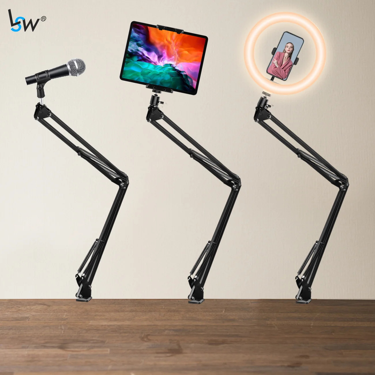 

New Desk Arm Stand with Mic Boom Phone Holder, Boom Suspension Stand with Adapter Clip for Smartphone Microphone Ring Light