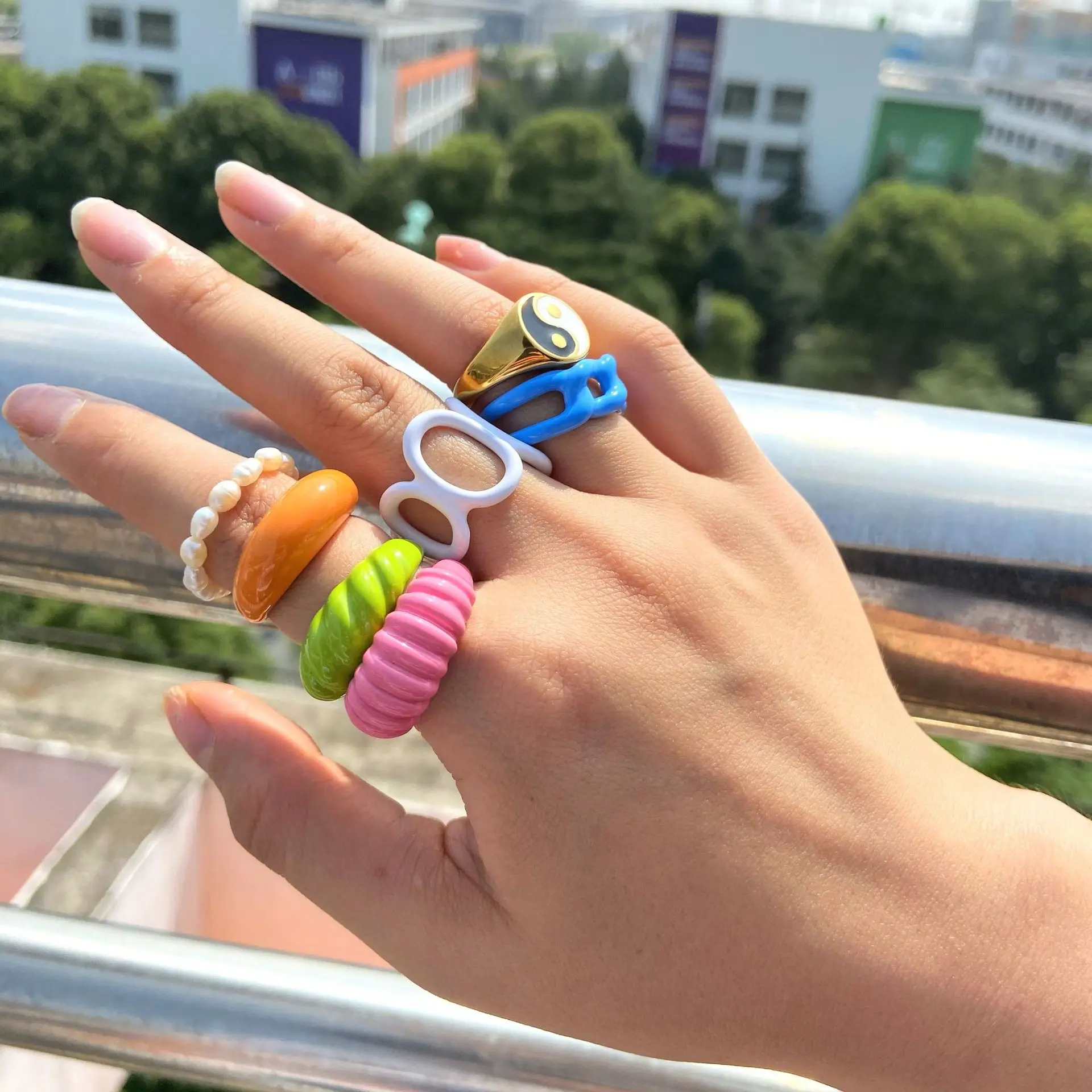 

Chunky loop Ring Glazed Colorful Croissant Rings Opening Finger Hand Made Geometry Enamel Cuff Rings Fashion whole sale