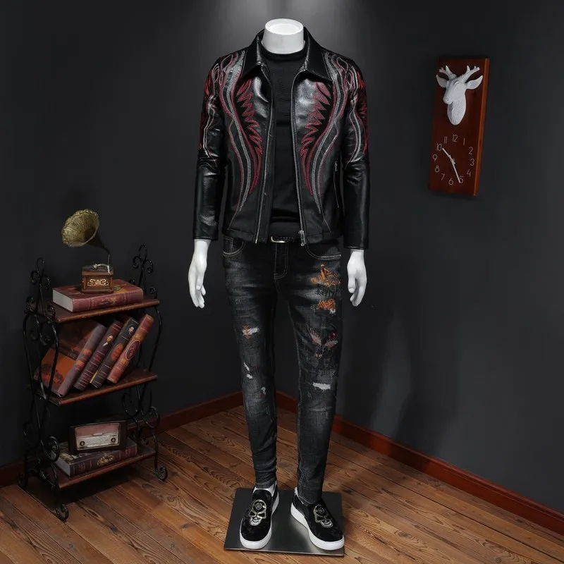

Motorcycle Mens Lapel Embroidery PU Leather Jackets Autumn Winter Fashion Long Sleeve Zipper Slim Fit Male Casual Short Coats