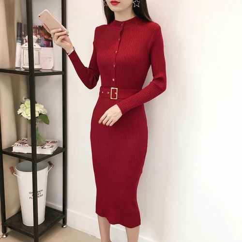Wine Женское платье-свитер, корейская мода, женские свитера, платья, зимние женские кардиганы, облегающее платье размера плюс, элегантные женские платья XL платье женское вязаное платье платье женское трикотажное платье - Цвет: Wine