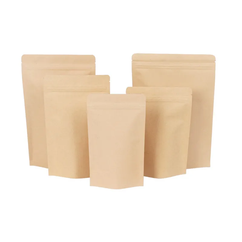 

1000pcs/lot Aluminum Foil Kraft Paper Bags Standing bag Snack Food Sealed Bag Dried Tea Grain Candy Zip Lock Stand Up Bags Brown