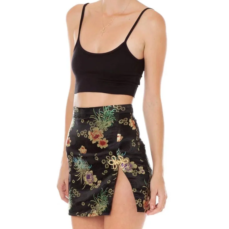 

Sexy Chinese Style Floral Embroidery Women Skirt Shorts Candy Colors Split Side Elegant Party Club Mini Skirt Summer Jupe 2021 #