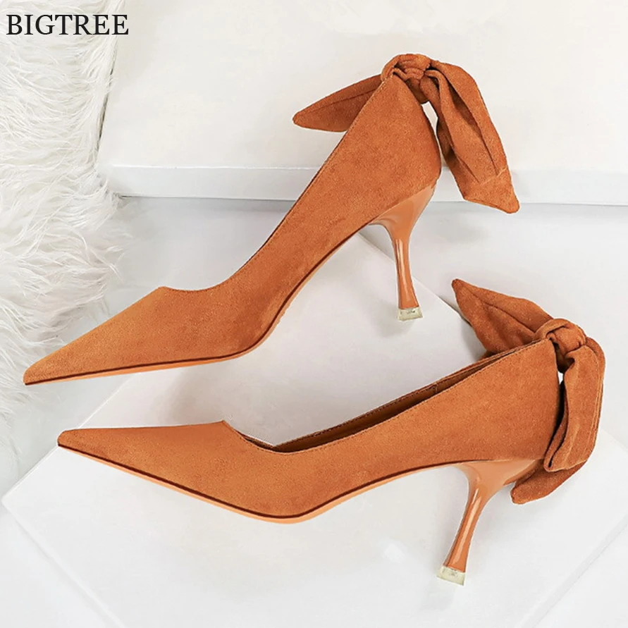 

New Autumn Pointed Toe Solid Flock Women Pumps Party Shallow Stiletto High Heels Fashion Back Bowknot Female Wedding Dress Shoes