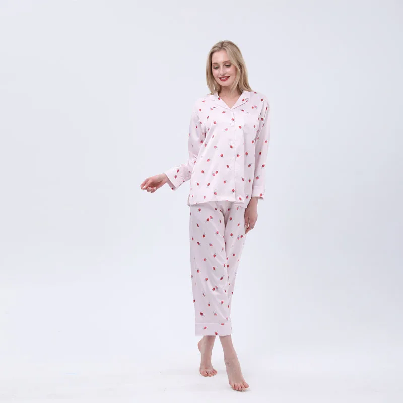 

New Women Cardigan Pajamas Print Small Strawberry Silk Set Comfortable Lapel Button Home Clothes Long-sleeved Trousers Suits