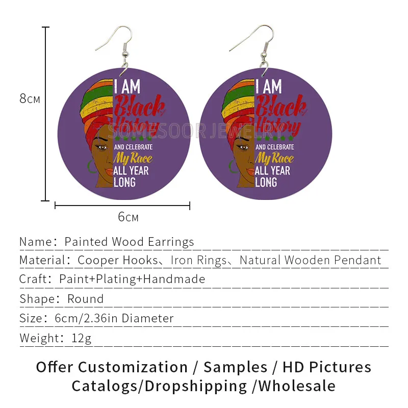 SOMESOOR African Frabic Style Headwrap Woman Printing Wooden Drop Earrings Black History Celebrate My Race Design For Women Gift | Украшения