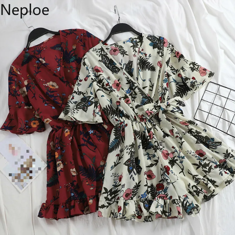 Neploe Boho Цветочный принт Комбинезоны женские шифоновые с v образным вырезом