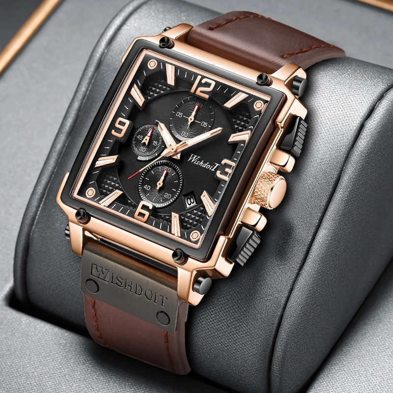 

2021 New Fashion Waterproof Men's Watch Top Brand Luxury Leather Square Large Dial Sports Quartz Chronograph Relogio Masculi