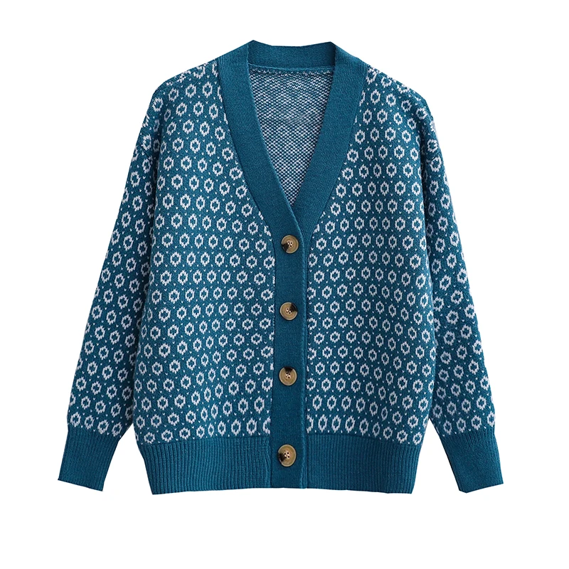 

Women Casual Oversized Cardigan Knitted Sweaters 2021 Winter New V-neck Long Sleeve Single-breasted Print Jacket With Buttons