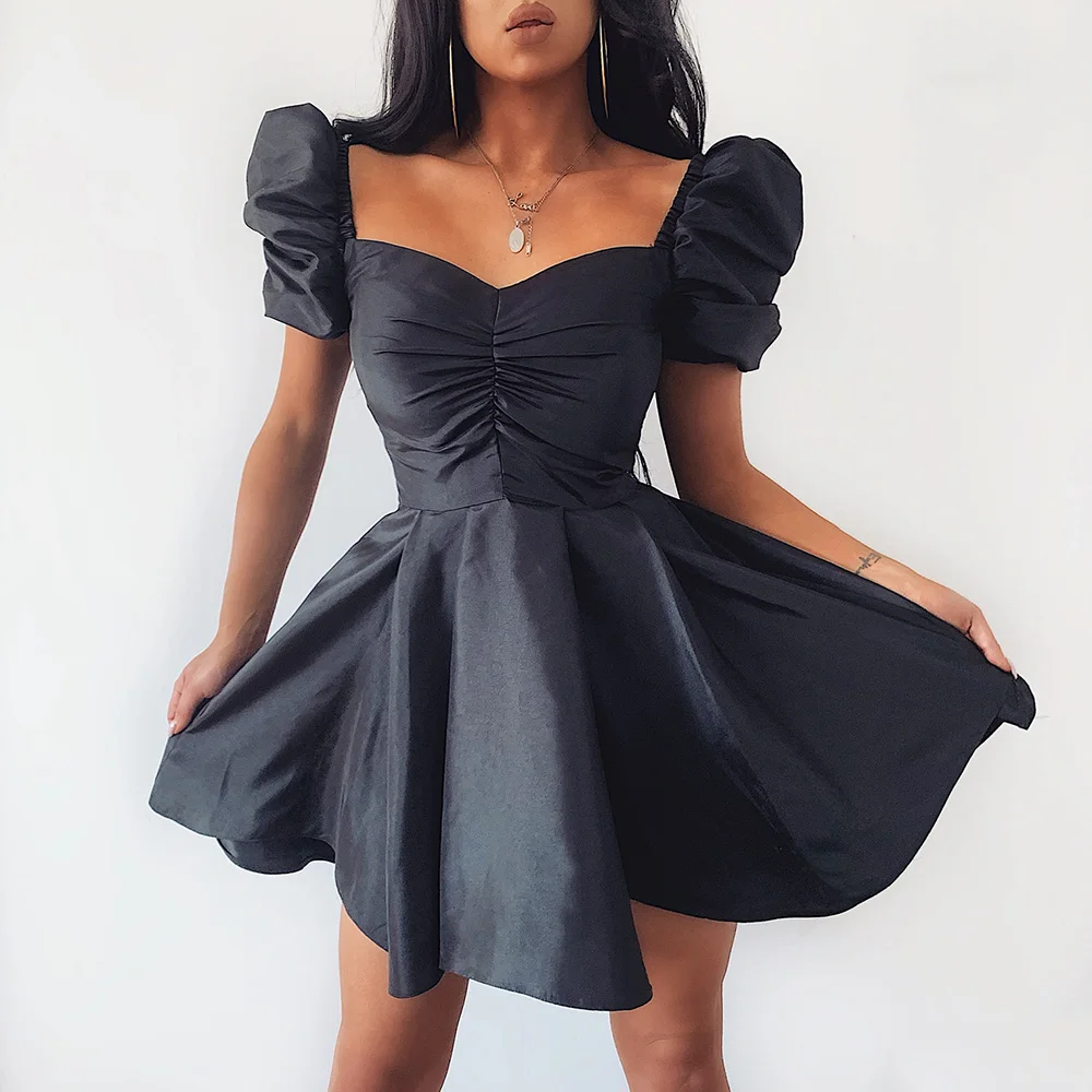 

Summer Dress Women 2020 Fashion Sexy Club Puff Short Sleeve Party Dresses Vintage Pleated Tunic Black Mini Dress Vestidos Q30
