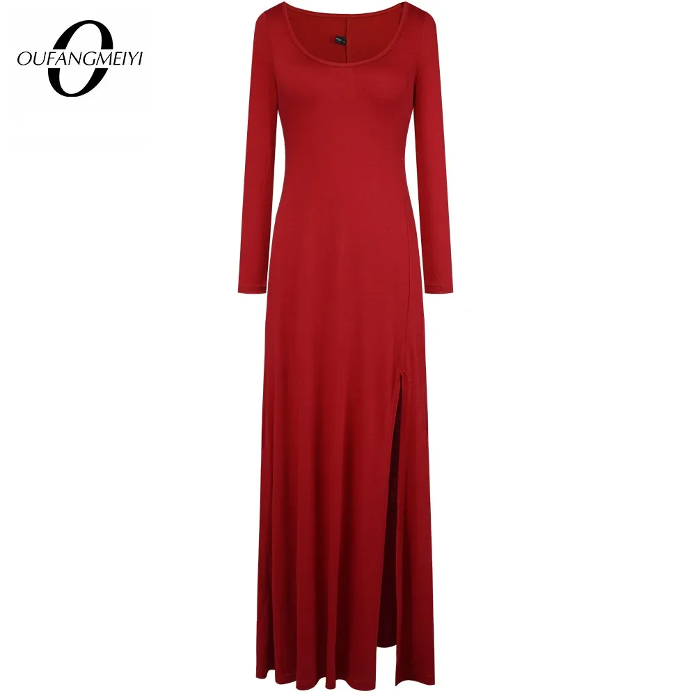 

Women Brief Elegant Solid Color Scoop Neck High Split Party Fitted Straight Maxi Dress 2EB01