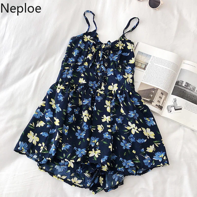Neploe Flower Print Jumpsuits Women Fashion V Neck Sleeveless Ladies Playsuits Elegant Lace Up Slim Waist Beach Bodysuit 1A1096 | Женская