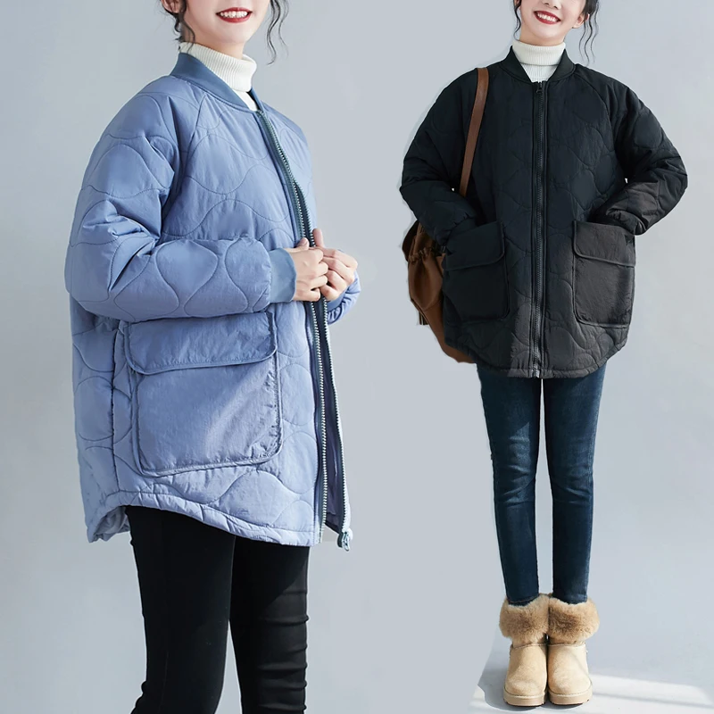 

2021 Winter Loose Casual Down Cotton Jacket Solid Color Casual Top Coat Long Sleeve Warm Commuter Outwear Raglan Sleeve Feminino